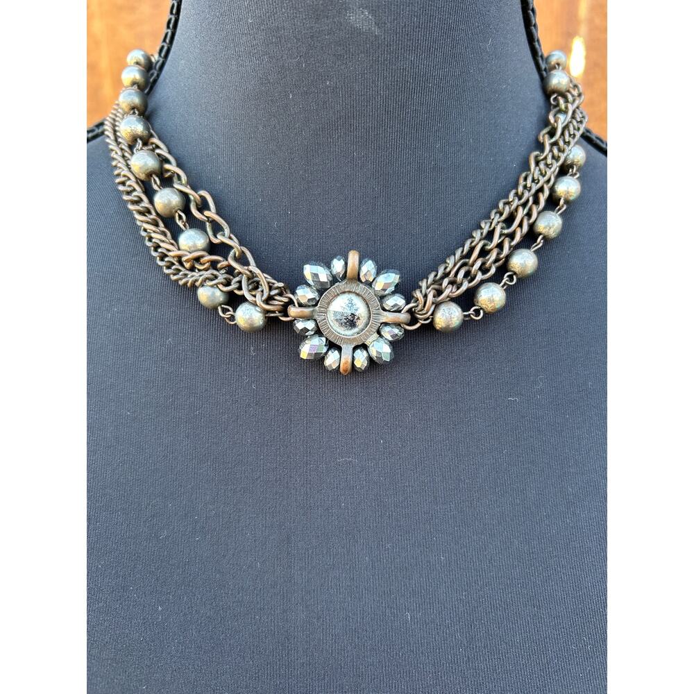 Chunky Layered Chain Necklace with Crystal Sunburst Pendant - Gunmetal/Brass